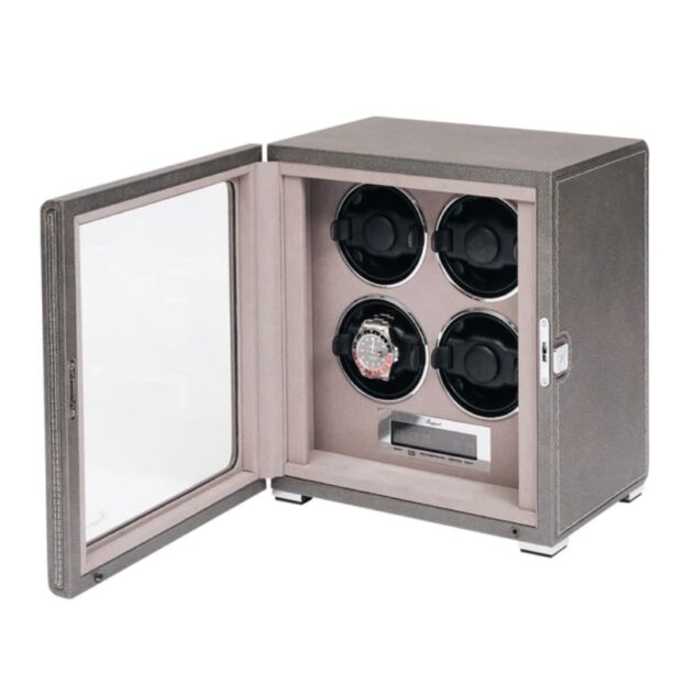 Quantum Quad Silver Watch Winder Front Angle Open