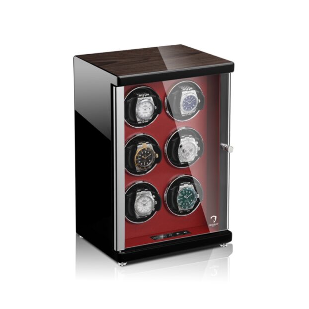 Ambiente Six Tower Macassar Watch Winder Red Front Angle Watches